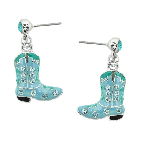 Turquoise Boot Earrings -Western Charm Meets Rhinestone Shine - Picture 1 of 9